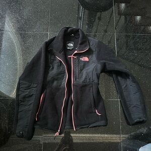 North face zip up jacket black with pink accents size xs